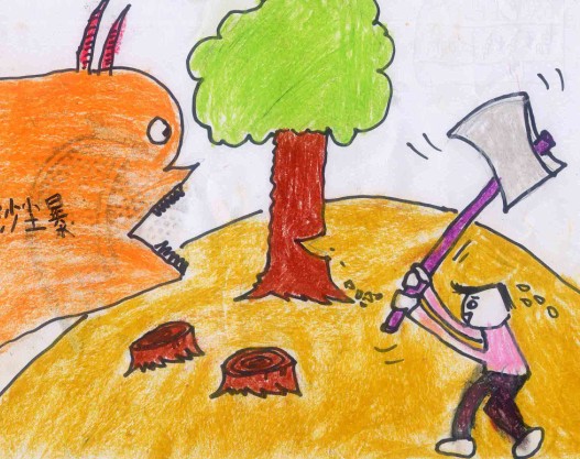 果然一个孩子画出沙尘暴也手持斧头,正劈向砍树人……有道理:"你砍树
